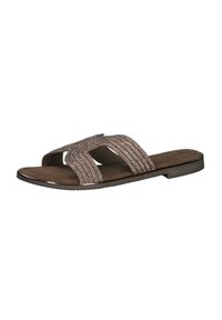Sandalo a infradito marrone con cinturini metallici a strisce angolari e una soletta liscia. Suola sottile con finitura lucida. Design semplice e moderno.