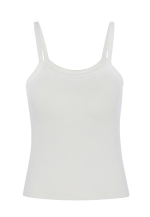 Weißes ärmelloses eng anliegendes Tanktop mit dünnen Schulterträgern und rundem Ausschnitt.