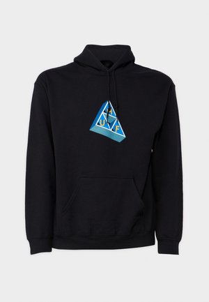 Felpa nera in cotone con un grafico triangolare in blu, bianco e giallo. Include una tasca frontale e cappuccio con lacci.