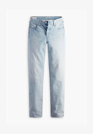 Light blue denim jeans with a straight-leg cut, two front pockets, and two back pockets. Includes two-button fly and subtle stitching.