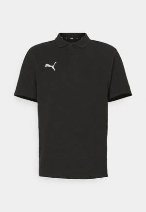 Polo shirt nera in cotone con colletto classico, due bottoni, maniche corte e logo Puma bianco sul petto sinistro.