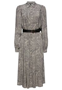 Robe à manches longues imprimée cachemire, dotée d'un devant boutonné, d'un col, et d'une ceinture noire avec une boucle dorée à la taille.
