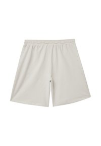 Hellgraue Baumwollshorts mit elastischem Bund. Der Stoff ist glatt und weich. Sie verfügen über einen lockeren Schnitt und ein knielanges Design.