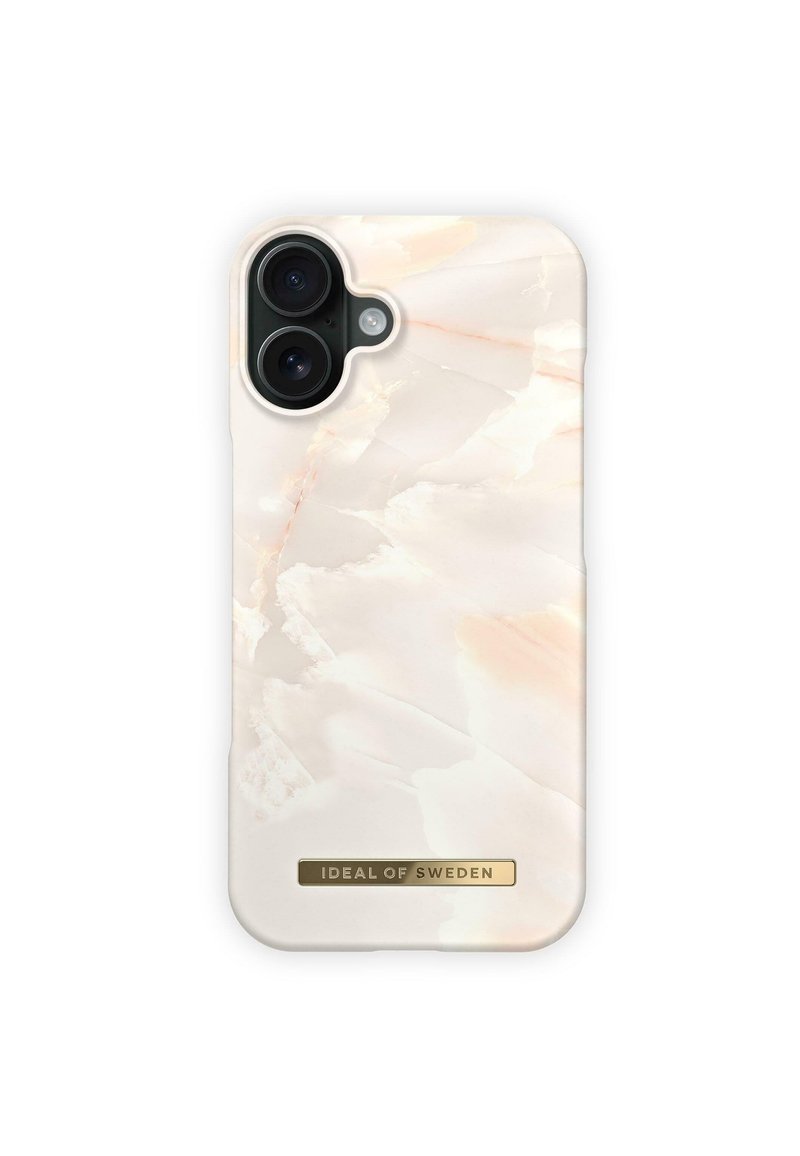 iPhone-etui med en glat, blank cremet baggrund, der har lyse marmoreringer og et guld "IDEAL OF SWEDEN" logo nederst.
