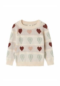 Strickpullover mit einem hellcremefarbenen Grund, verziert mit Herz- und Heißluftballonmustern in Rot-, Rosa- und Grüntönen. Rippstrickkragen und -bündchen.