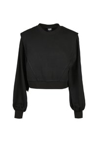 Sweatshirt noir à manches longues, cropped, avec épaules rembourrées, manches à bords côtelés et ourlet côtelé, étiqueté Urban Classics, taille XS.