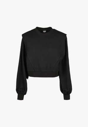 Sweatshirt noir à manches longues, cropped, avec épaules rembourrées, manches à bords côtelés et ourlet côtelé, étiqueté Urban Classics, taille XS.