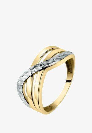 Goldring mit miteinander verwobenen Bändern, eines poliert und aus Gold, das andere mit einer facettierten Silberoberfläche, die einen kontrastreichen Schichtdesign schafft.