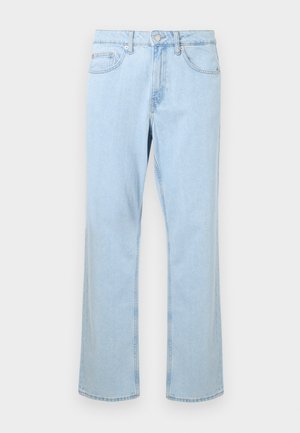 Light blue denim jeans with a straight leg cut, featuring front pockets, a single silver button, and stitching details along the seams.
