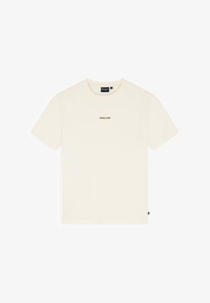 Off-white katoenen T-shirt met korte mouwen, ronde hals en kleine gecentreerde tekst "BALLIN" op de borst.