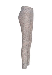 Květinové legíny vyrobené z šedé tkaniny s přiléhavým střihem. Obsahují jemný vzor červených a bílých květin. Hladká textura, poloviční pas.