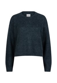 Donkerblauwe, cropped trui van zacht, gestructureerd breimateriaal. Heeft een ronde halslijn en lange mouwen, met een ontspannen pasvorm.