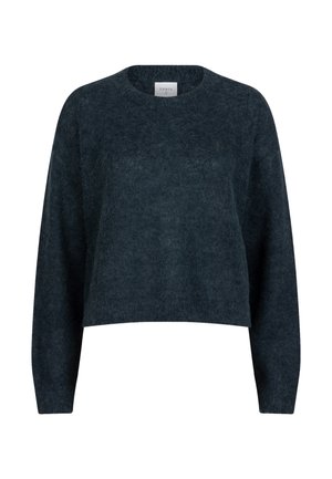 Dark blue cropped sweater made of soft, textured knit fabric. Features a round neckline and long sleeves, with a relaxed fit.