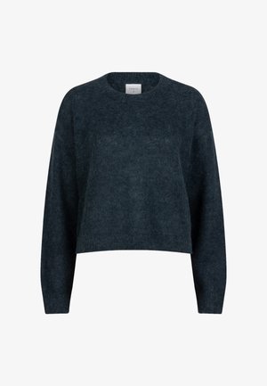 Donkerblauwe, cropped trui van zacht, gestructureerd breimateriaal. Heeft een ronde halslijn en lange mouwen, met een ontspannen pasvorm.