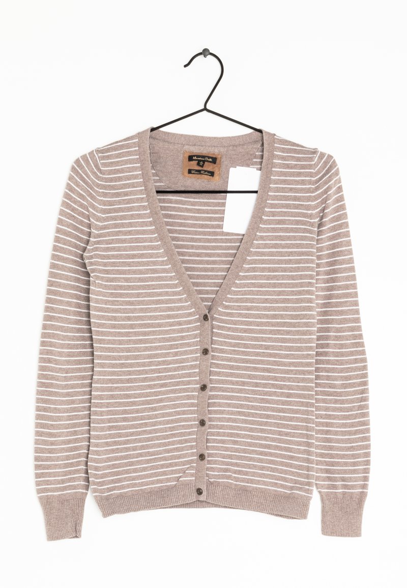Brun- och vitrandig cardigan med V-hals, långa ärmar och stängning med sex knappar. Tillverkad av mjukt tyg med ribbade muddar och nederkant.