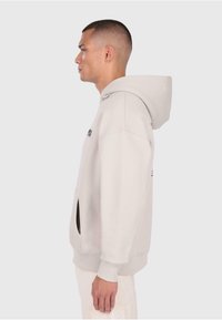 Jasnoszara bluza z kapturem, z kieszenią kangurką, regulowanym kapturem, prążkowanymi mankietami oraz detalem z logo na rękawie. Gładki materiał bawełniany.