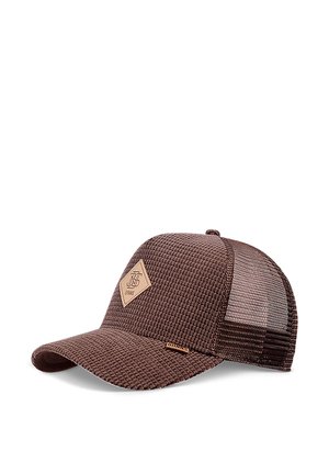 Brown baseball cap with a textured fabric, mesh back, and a diamond-shaped leather logo patch on the front. Curved visor and adjustable strap.