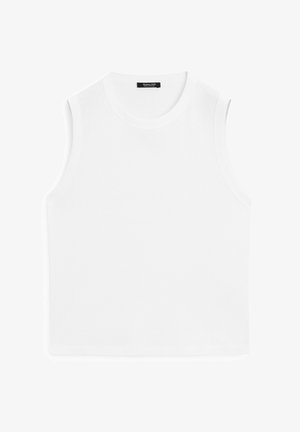 Witte mouwloze top van gladde stof; heeft een ronde halslijn en een rechte snit, zonder extra patronen of versieringen.