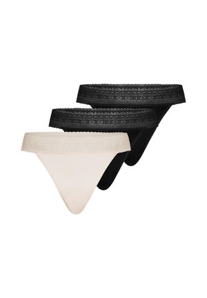 Three lace-trimmed thong underwear pieces in black and beige, stacked with beige in front and two black pairs behind.