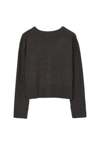 Dunkelgrauer, cropped Pullover aus weichem Strickmaterial, mit Rundhalsausschnitt, langen Ärmeln und feiner Struktur. Keine sichtbaren Beschläge oder Muster.