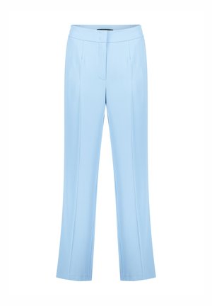 Hellblaue Hosen mit maßgeschneidertem Design. Sie verfügen über eine flache Vorderseite, zwei Seitentaschen und einen geraden Beinverlauf. Hergestellt aus glattem Stoff.