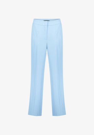 Hellblaue Hosen mit maßgeschneidertem Design. Sie verfügen über eine flache Vorderseite, zwei Seitentaschen und einen geraden Beinverlauf. Hergestellt aus glattem Stoff.
