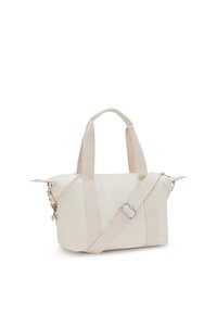 Beige Stoffhandtasche mit zwei kurzen Griffen und einem abnehmbaren Schultergurt. Verfügt über einen Reißverschluss und minimalistische Hardware-Akzente.