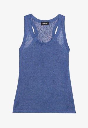 Blue tank top with a rounded neckline and racerback design. Made from lightweight, textured material. Simple, seamless hem.