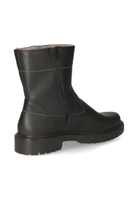 Schwarze Leder-Stiefelette mit einem seitlichen Reißverschluss, kontrastierenden Nähten, runder Spitze und einer strukturierten Gummisohle für Halt.