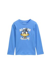 Blauwe langärmige shirt met een cartoonfiguur afbeelding versierd met pailletten. De tekst "ALTIJD FANTASTISCH" is in het vet gedrukt. Gemaakt van katoen.