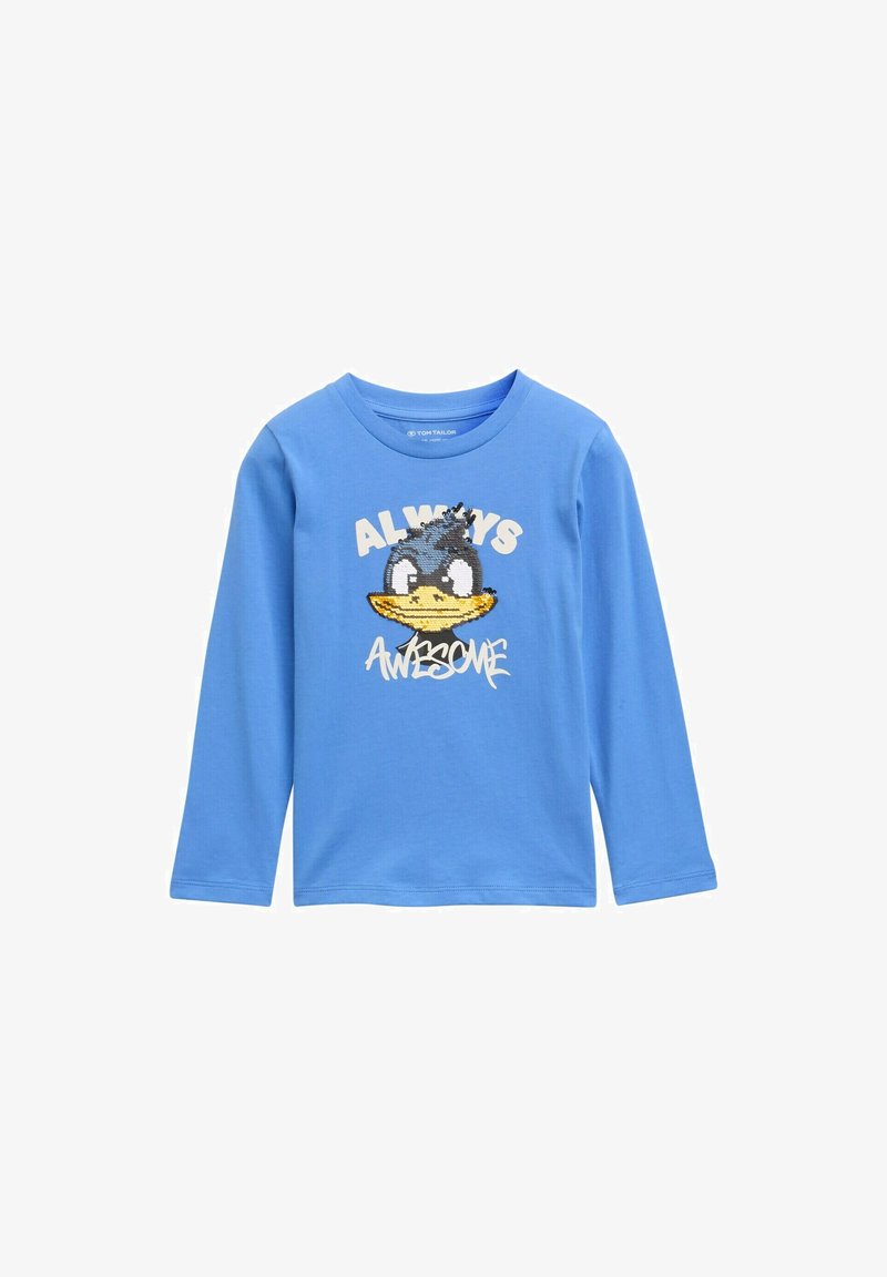 Kék, hosszú ujjú ing, amelyen egy rajzfilmfigura grafika található flitterekkel díszítve. A "FOLYAMATOSAN FANTASZTIKUS" felirat vastag betűkkel van nyomtatva. Pamut anyag.