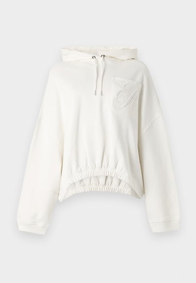 Λευκό cropped φούτερ με μακριά μανίκια, κουκούλα με κορδόνι, ελαστική μέση και τσέπη στο στήθος με ανάγλυφα κεντημένα αρχικά "EA".