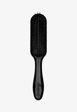 Black plastic hairbrush with an oval shape, rubberized surface, and widely spaced teeth. Features a ergonomic handle. Made in the UK.
