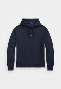 Sudadera azul marino hecha de una mezcla de algodón, que presenta un bolsillo frontal tipo canguro, capucha con cordón y un pequeño logo blanco en el pecho.