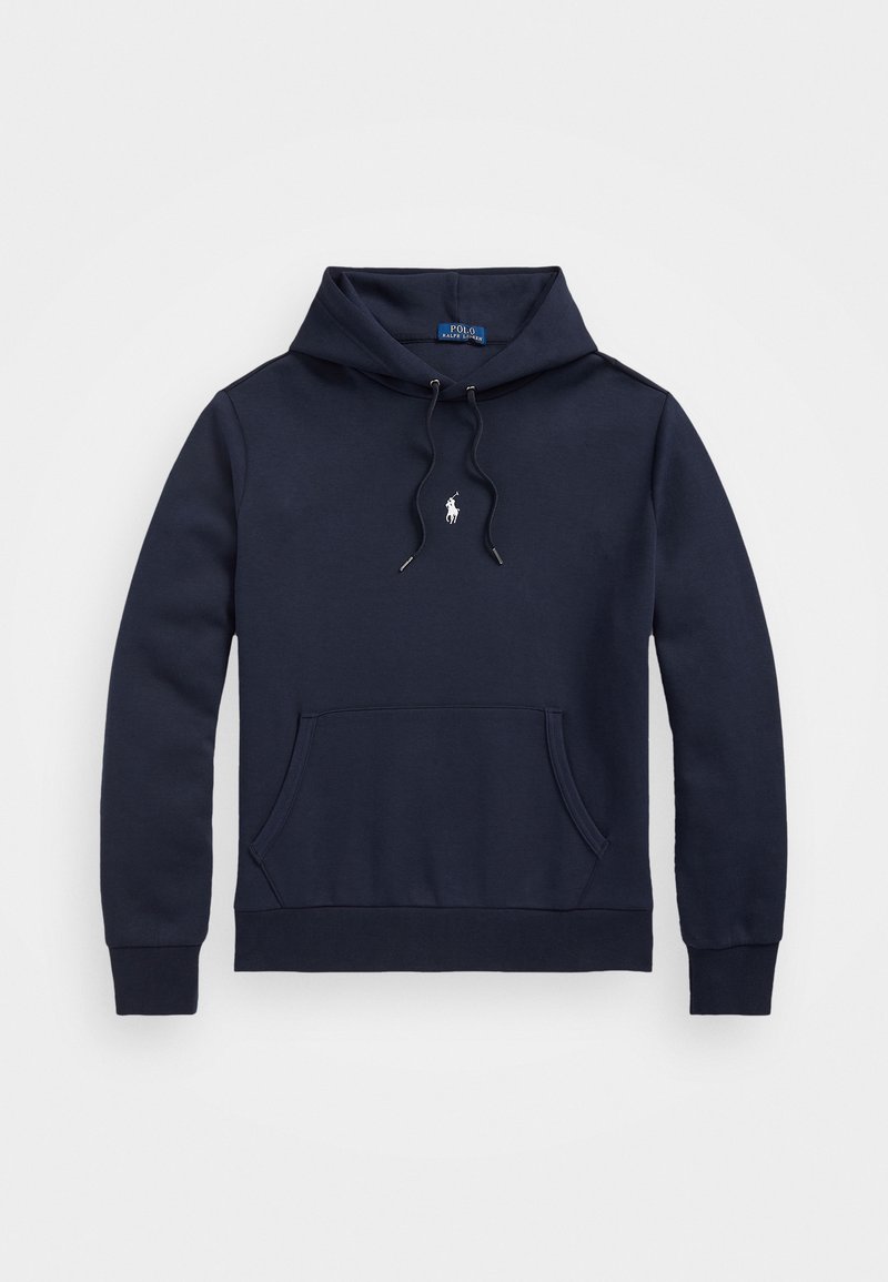 Sudadera azul marino hecha de una mezcla de algodón, que presenta un bolsillo frontal tipo canguro, capucha con cordón y un pequeño logo blanco en el pecho.