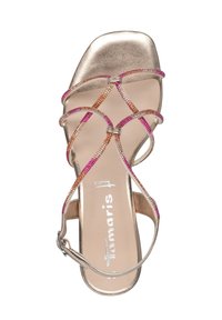 Goldene Metallicsandalen mit bunten, kreuzgeführten Riemen in Pink- und Orangetönen; quadratische Zehenform; verstellbarer Knöchelriemen.