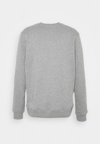 Hellgrau langärmliges Sweatshirt mit Rundhalsausschnitt, Rippenbündchen und -saum, von hinten auf weißem Hintergrund gezeigt.
