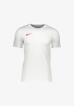 T-shirt de sport blanc à manches courtes avec un col rond, featuring un logo Nike rouge sur la poitrine et une texture lisse et légère.