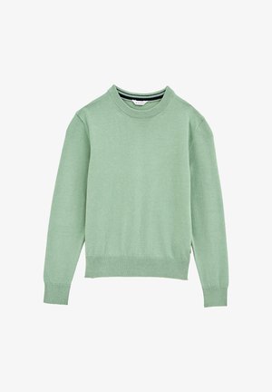 Maglione verde chiaro a maniche lunghe con girocollo, polsini e orlo a coste, mostrato disteso su sfondo bianco.