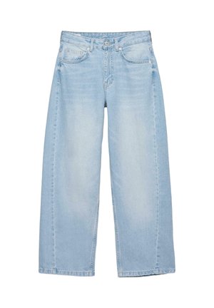 Světle modré džíny s širokými nohavicemi, předním zapínáním na knoflík a zip, pěti kapsami a jemně vybledlými detaily na stehnech.