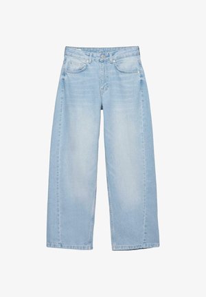 Svetlomodré džínsy s širokými nohavicami, predným gombíkom, zapínaním na zips, piatimi vreckami a jemným vyblednutým detailom na stehnách.