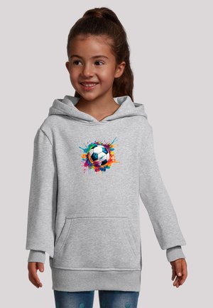 Gray hoodie with a front pocket, featuring a colorful soccer ball graphic. Soft fabric and loose fit, with a large hood and ribbed cuffs.
