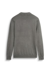 Suéter de punto gris con mangas largas, cuello y puños de canalé, textura suave y un diseño minimalista, presentado con vista trasera.