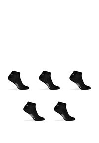 Chaussettes noires à mi-mollet, avec une coupe ajustée et des bords côtelés, ornées d'un logo blanc et d'un motif en diamant sur les côtés. Cinq paires exposées.