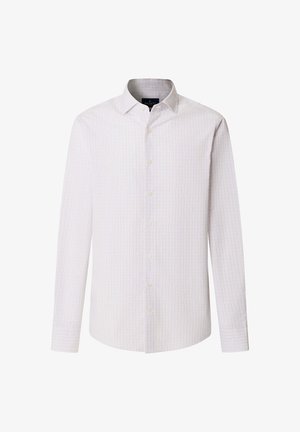 Witte blouse met lange mouwen en een ruitpatroon in lichtblauw, rood en geel. Heeft een button-down kraag en een knoopsluiting aan de voorkant.