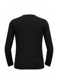 Black long-sleeve shirt made of soft fabric with a round neckline, featuring a smooth texture and seamless construction.