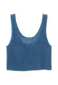 Modrý, bezrukávový crop top vyrobený z otevřeného pleteného materiálu s texturovaným, prodyšným designem a zaobleným výstřihem.