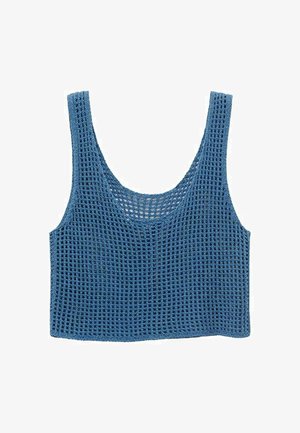 Modra brezrokavna kratka majica iz odprto tkane tkanine z teksturiranim, zračnim dizajnom in okroglo ovratnikom.