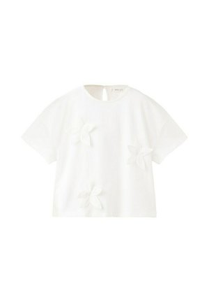 Blusa bianca a maniche corte con scollo rotondo e tre applicazioni floreali 3D cucite sul davanti, con una piccola chiusura a bottone a forma di occhiello sul retro.