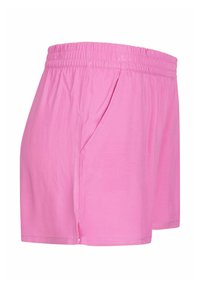 Rosa Shorts aus weichem Stoff, mit elastischem Bund, Seitentaschen und einer lockeren Passform mit kleinen Schlitzen am Saum.